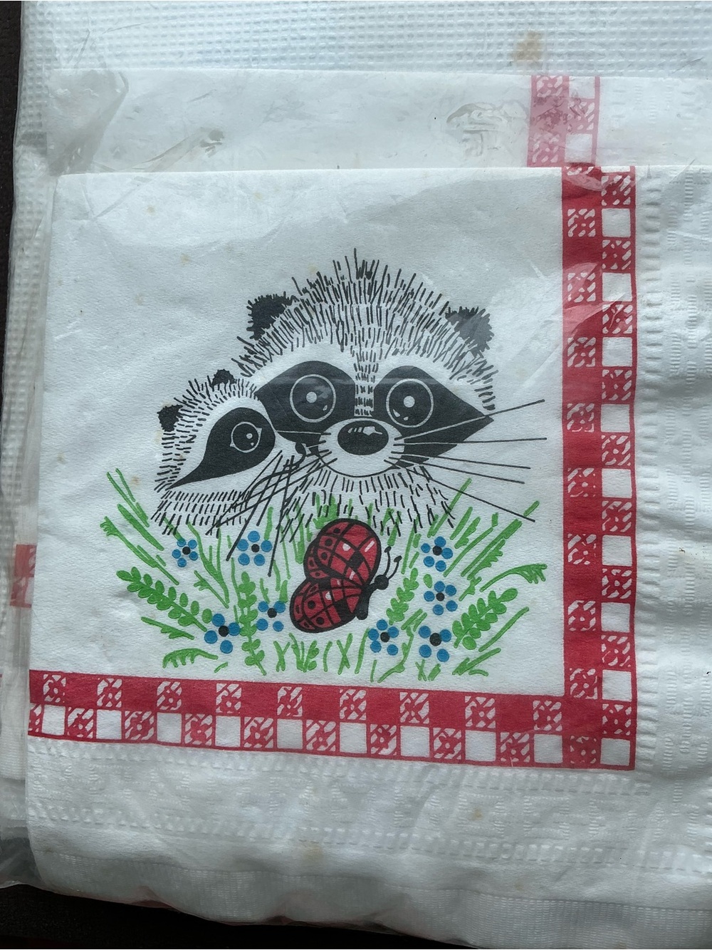 Vintage Jimothy  Raccoon Disposable Party Napkins and paper tablecloth. NIP